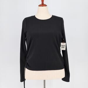 Open Edit Women Black Ribbed Knit Casual Side Tie Long Sleeve Top Plus Size 1X